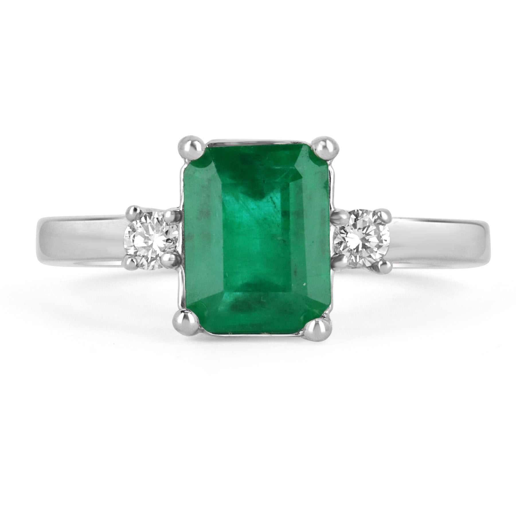 2.0tcw Three Stone Good quality Emerald & Diamond Ring 14K White Gold
