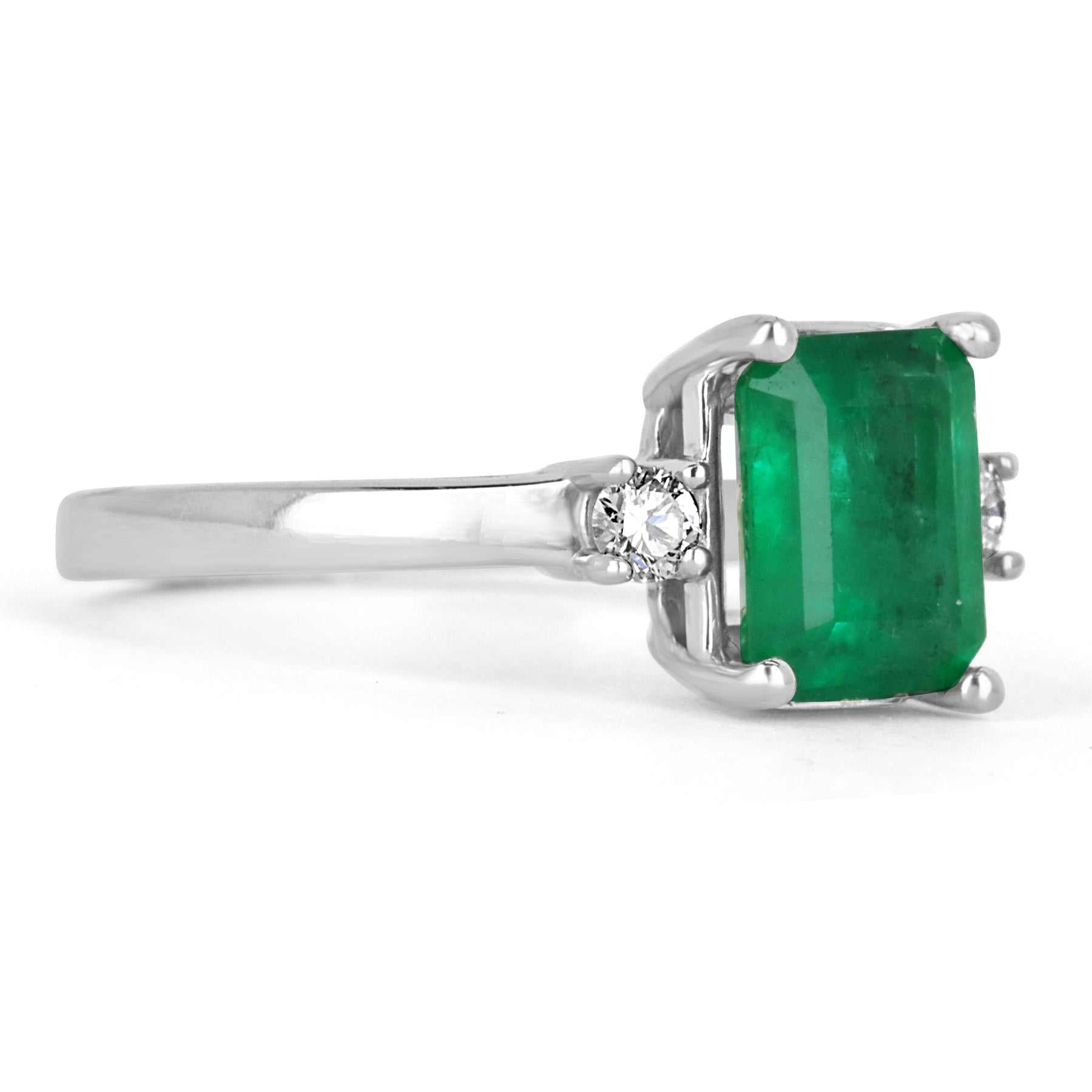 2.0tcw Three Stone Good quality Emerald & Diamond Ring 14K White Gold
