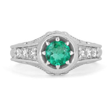 Vintage Elegance: 0.98tcw Scroll Hand Work Round Emerald & Diamond Engagement Ring in 14K Gold