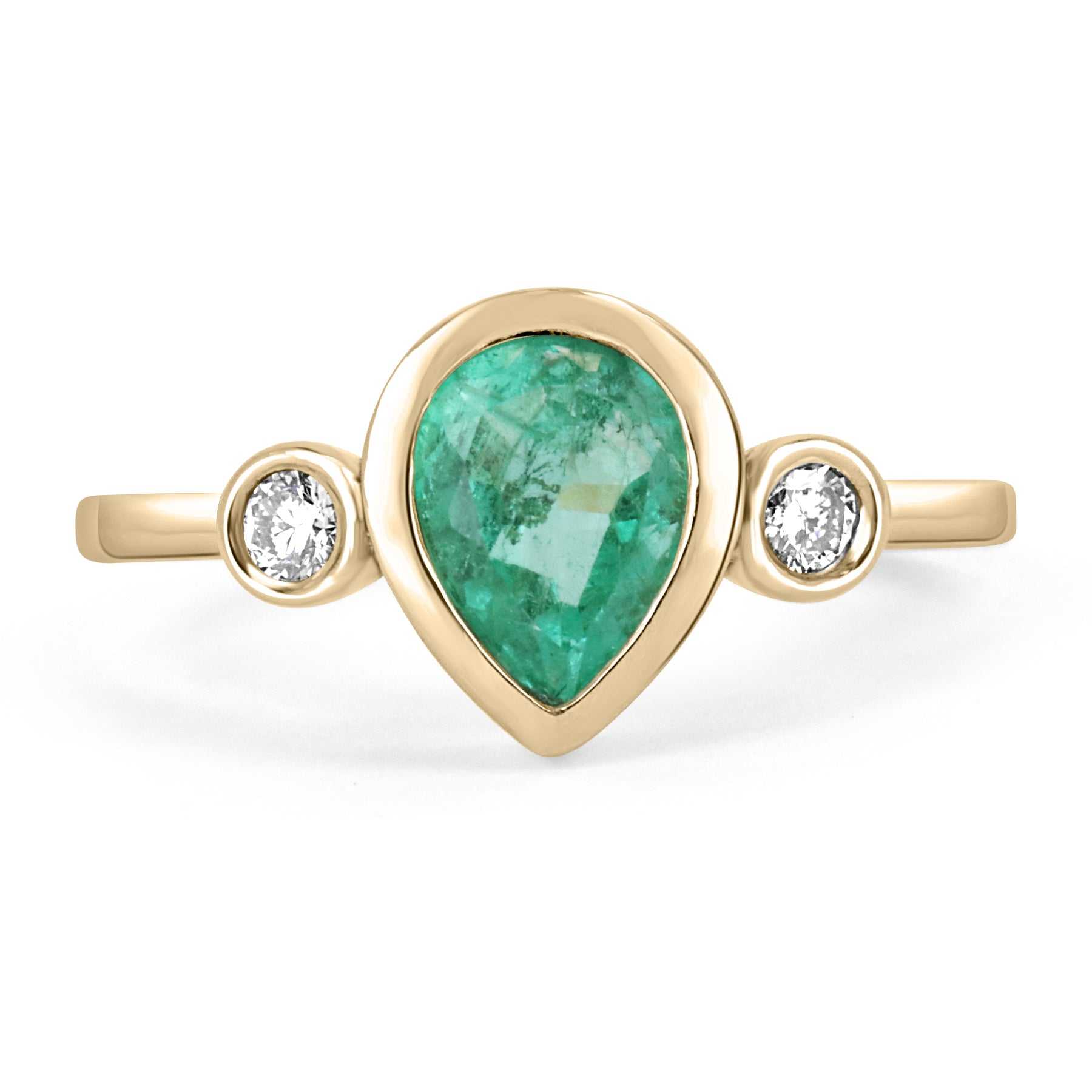 1.20tcw Bezel Set Tear Drop Natural Emerald & Diamond Modern Three Stone Ring 14k
