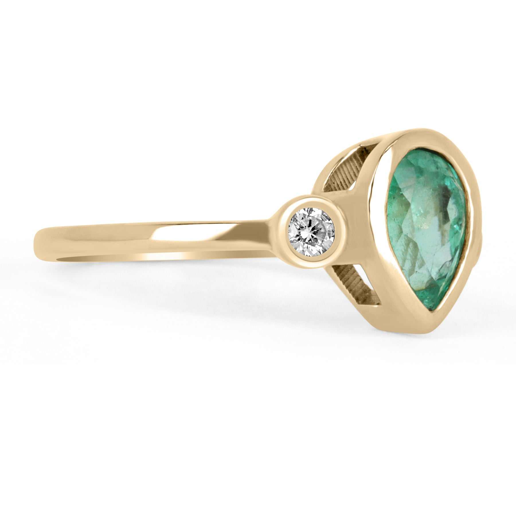 1.20tcw Bezel Set Tear Drop Natural Emerald & Diamond Modern Three Stone Ring 14k