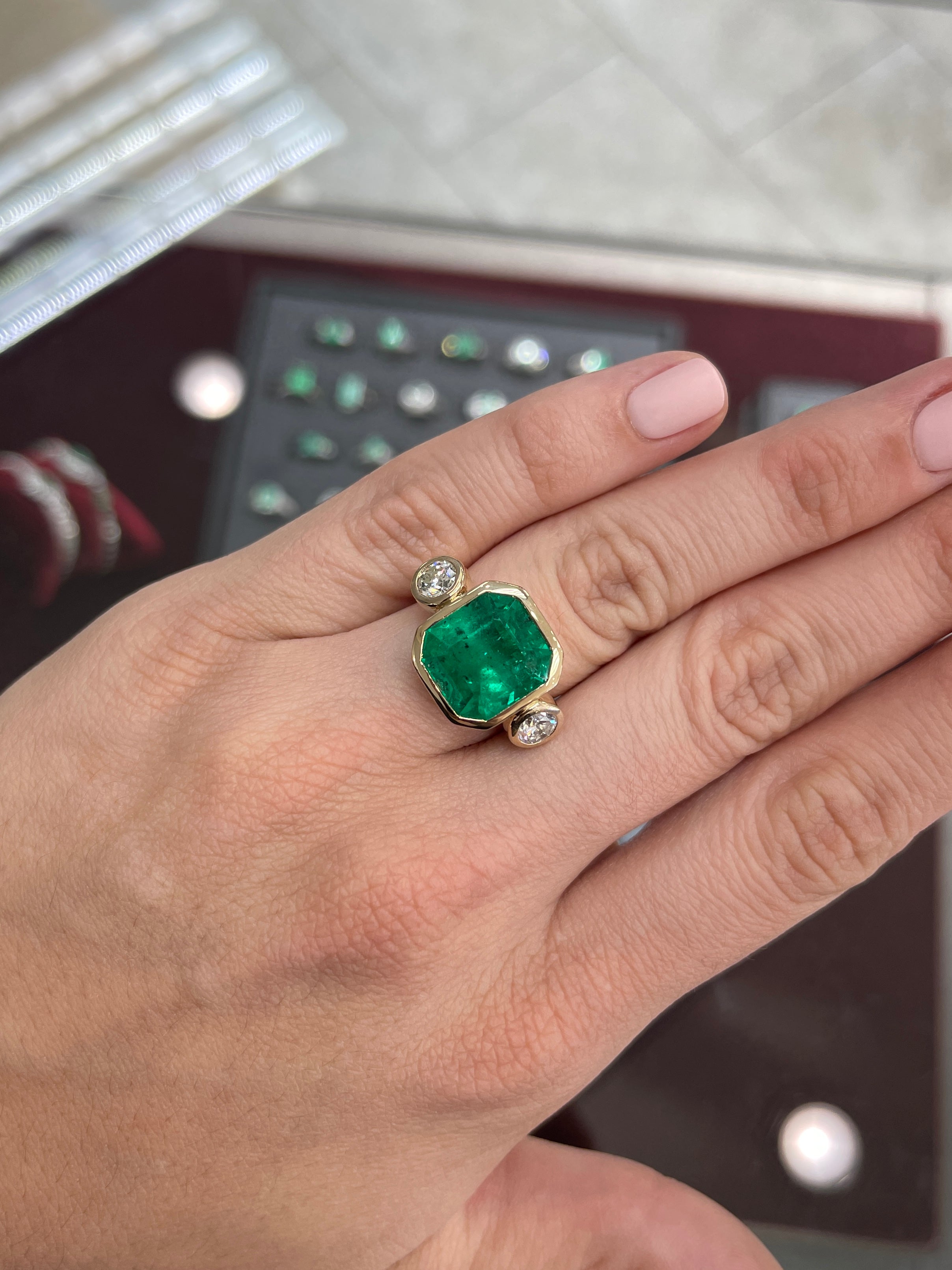 11.02tcw GIA CERTIFIED Colombian Emerald-Emerald Cut & Diamond Three Stone Ring 18K - JR Colombian Emeralds