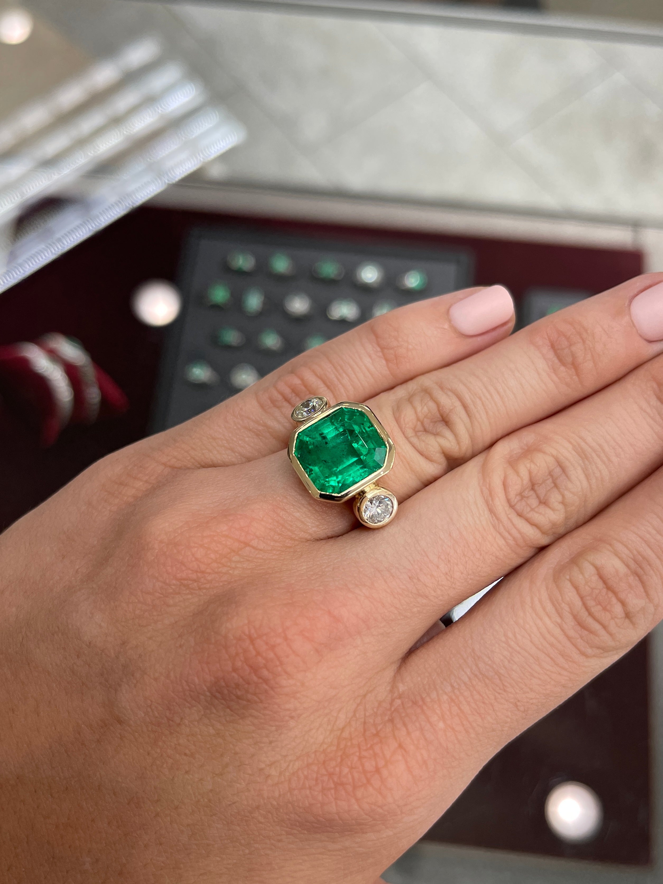 11.02tcw GIA CERTIFIED Colombian Emerald-Emerald Cut & Diamond Three Stone Ring 18K - JR Colombian Emeralds