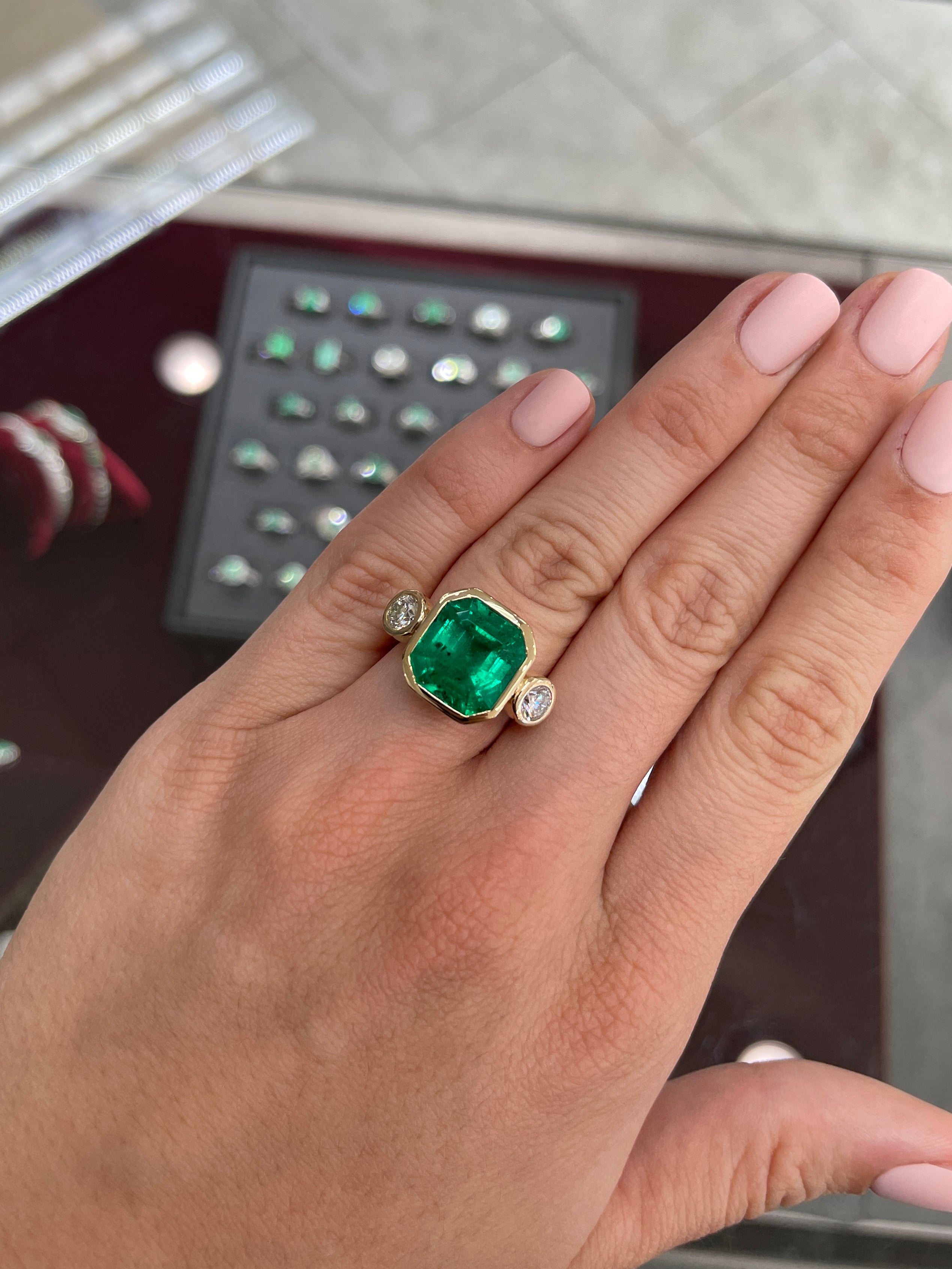 11.02tcw GIA CERTIFIED Colombian Emerald-Emerald Cut & Diamond Three Stone Ring 18K - JR Colombian Emeralds