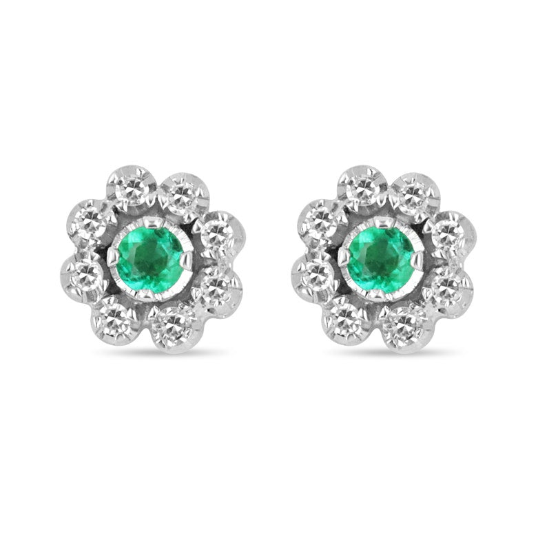 Colombian Emerald floral stud earrings with round cut diamonds, 0.44 carats total weight, set in 14K gold.