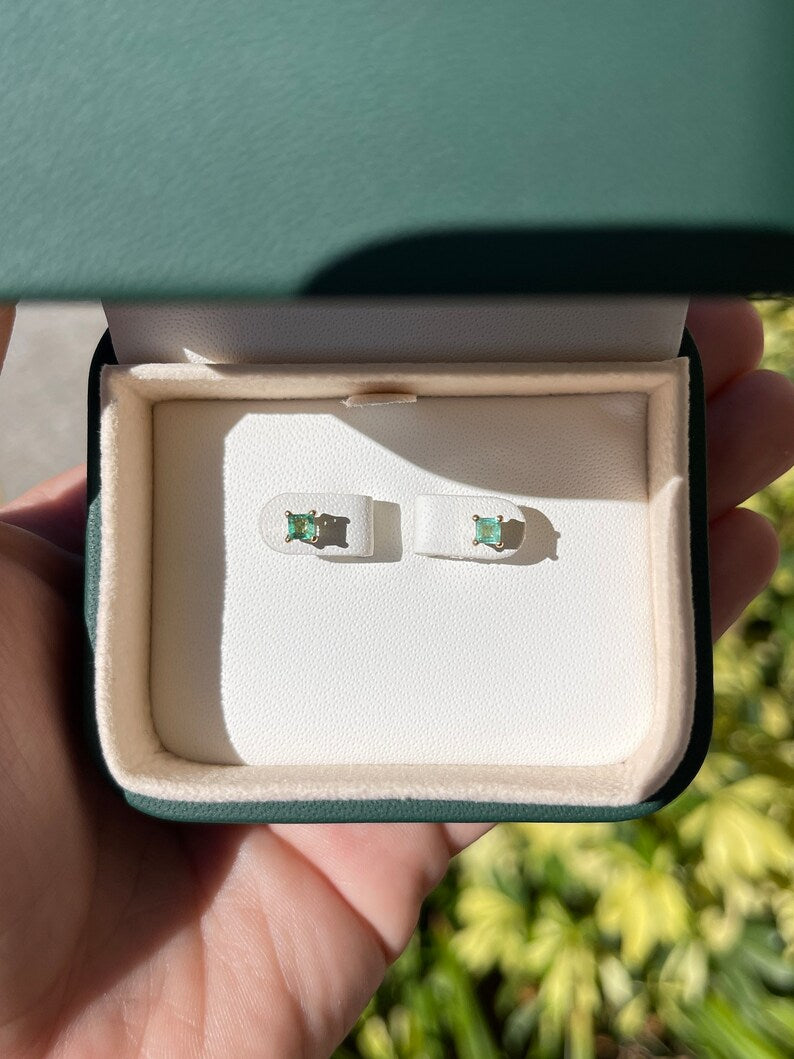 Natural Colombian Emerald earrings with 0.45tcw petite baby princess Asscher cut studs in 14K gold.