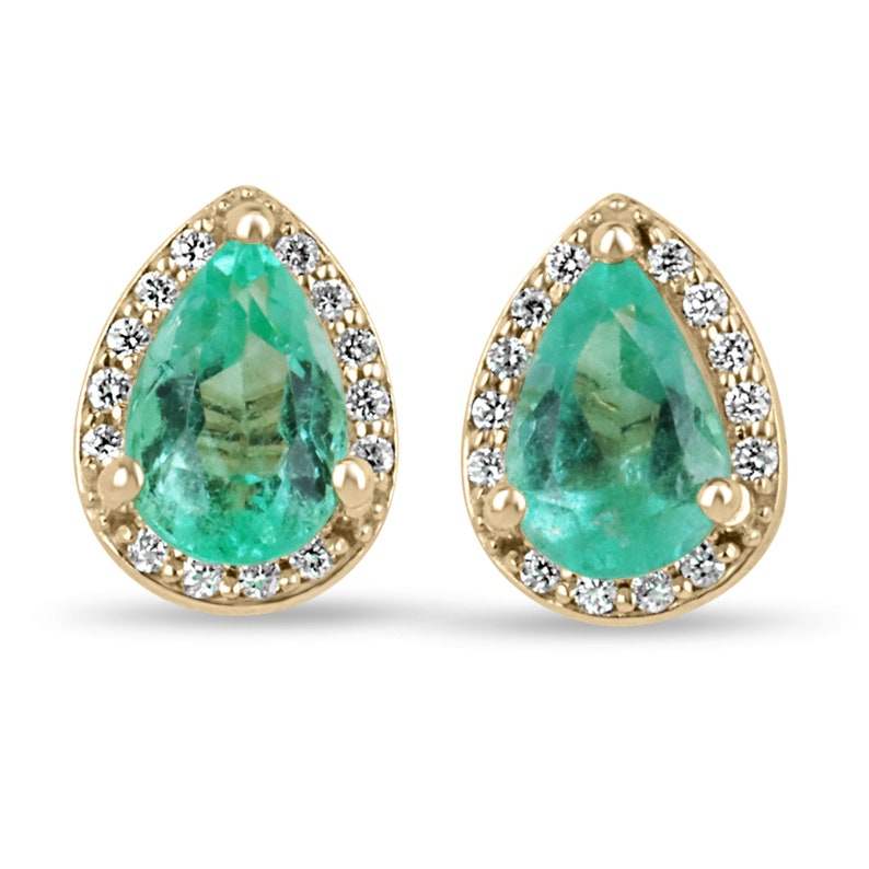 Pear cut natural emerald and diamond halo stud earrings in 14K yellow gold