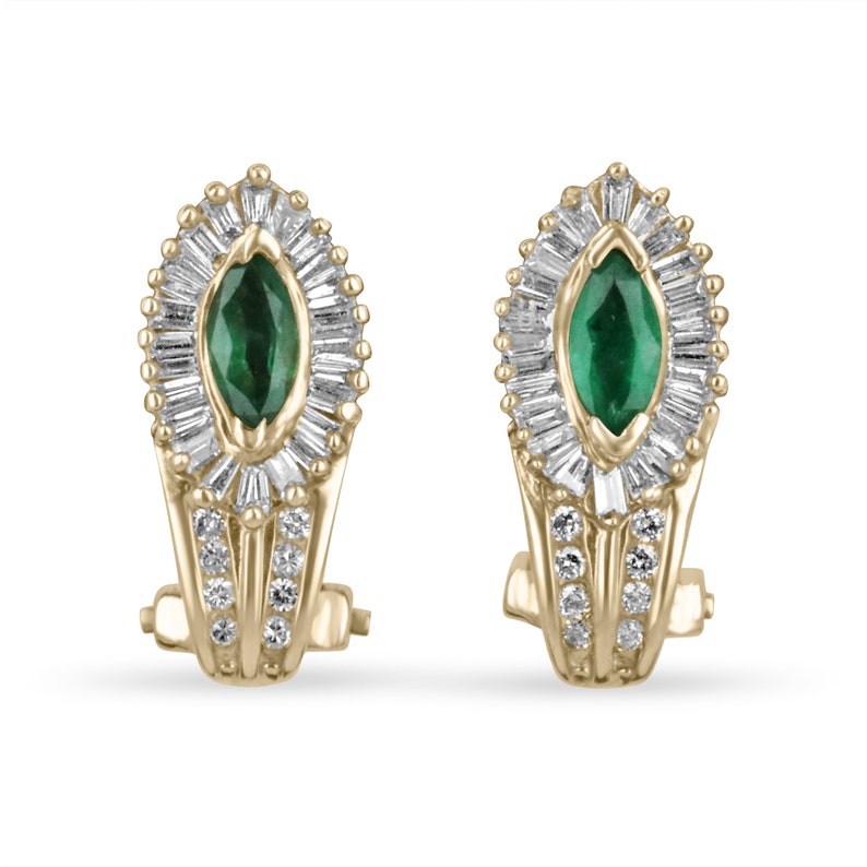 Dark green emerald and diamond accent lever back earrings in 14K gold from Colombian Emerald, showcasing elegant gemstone craftsmanship.