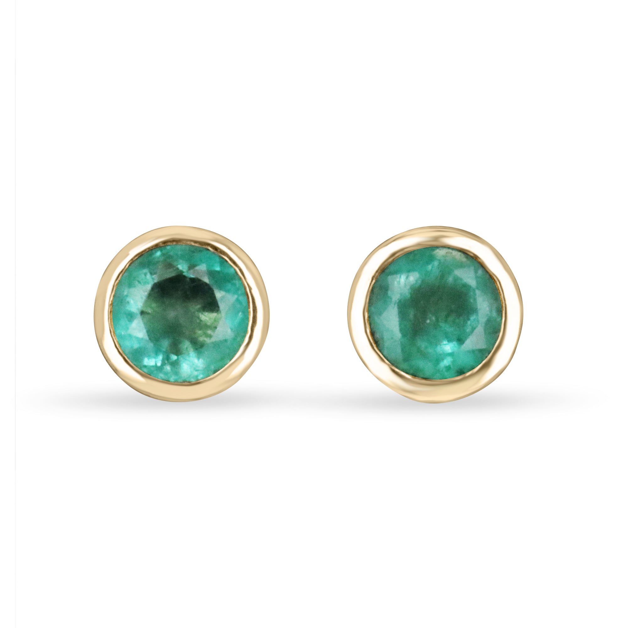 Round cut natural emerald earrings with 1.60 carats in 14K gold, featuring push back closure from Colombian Emerald.