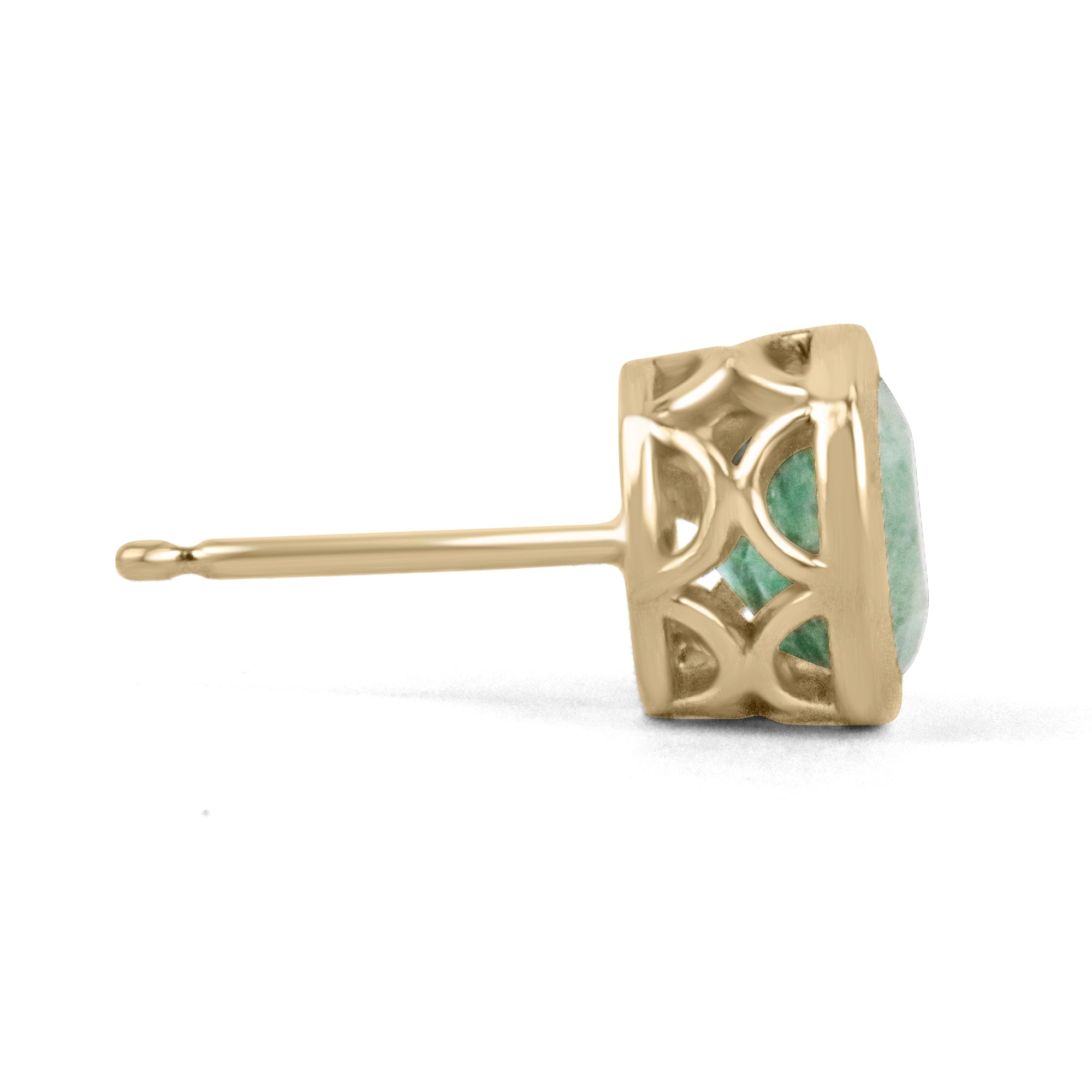 14K natural emerald round cut earrings with push back closure, featuring 1.60tcw Colombian emeralds on a sleek earring design.