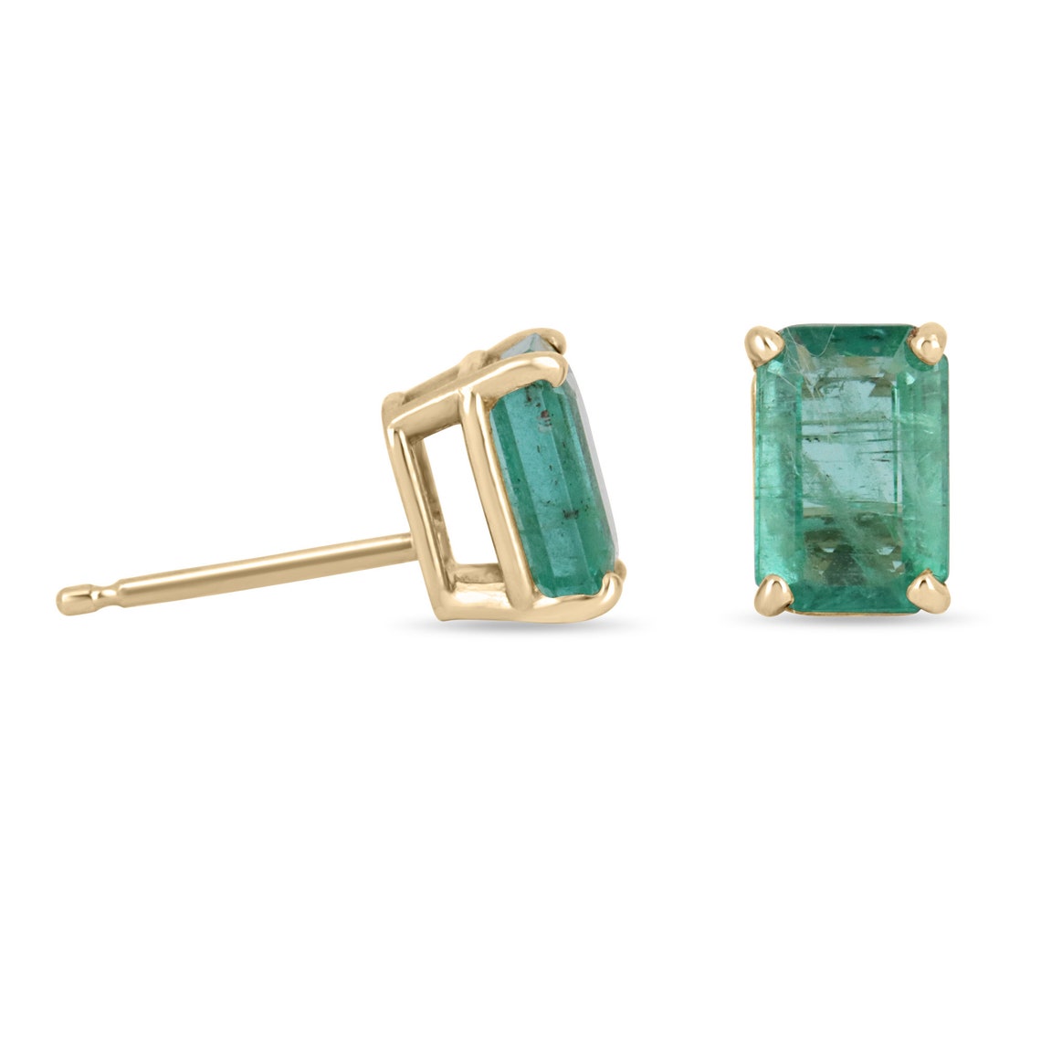 Colombian Emerald 1.81tcw 14K natural emerald cut May birthstone stud earrings showing sparkling green gemstones