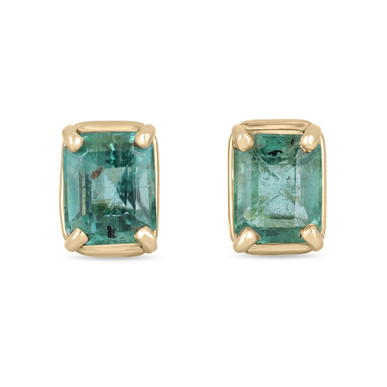14K gold May birthstone stud earrings with natural emerald cut emeralds from Colombian Emerald brand