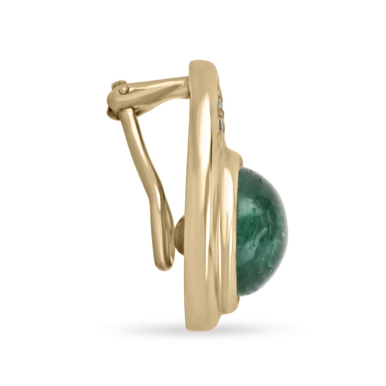 14K yellow gold clip-on earrings with emerald cabochons and diamond accents by Colombian Emerald, showcasing elegant jewelry design.