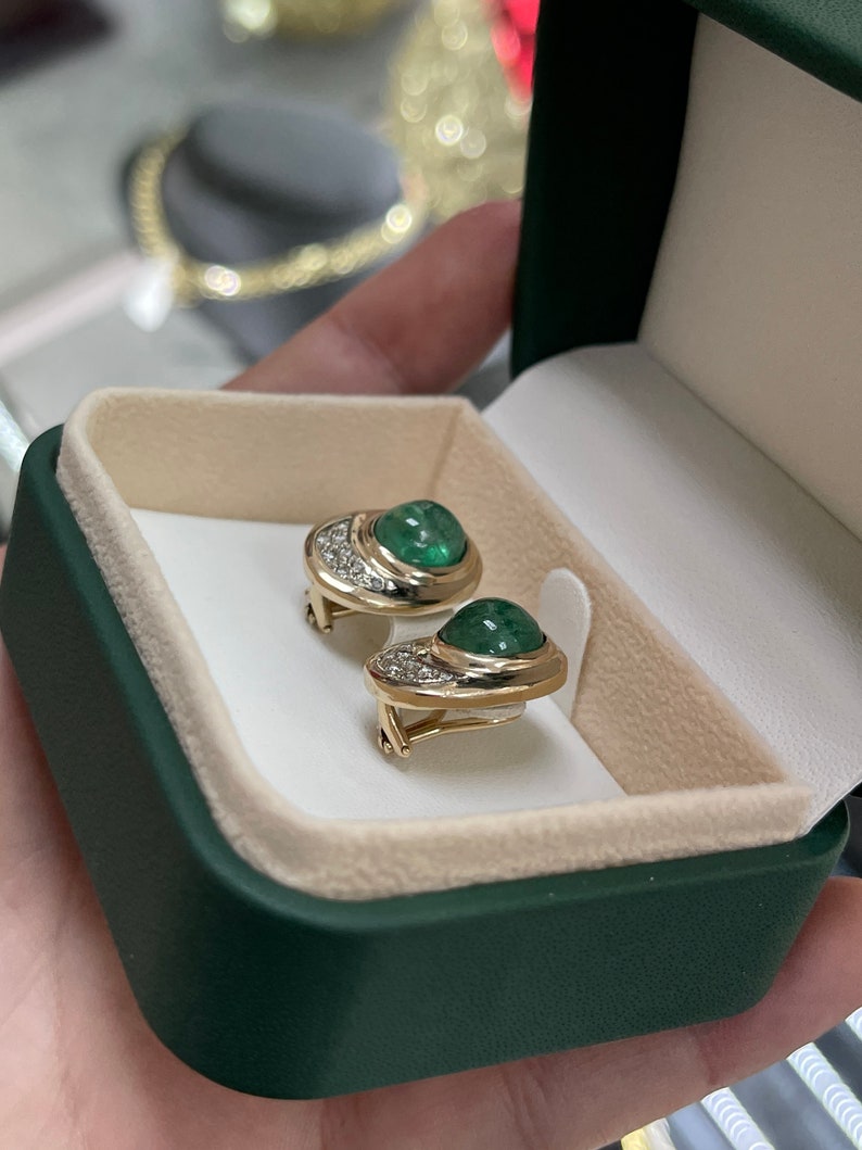 14K yellow gold emerald cabochon earrings with diamond accents, clip-on style by Colombian Emerald.