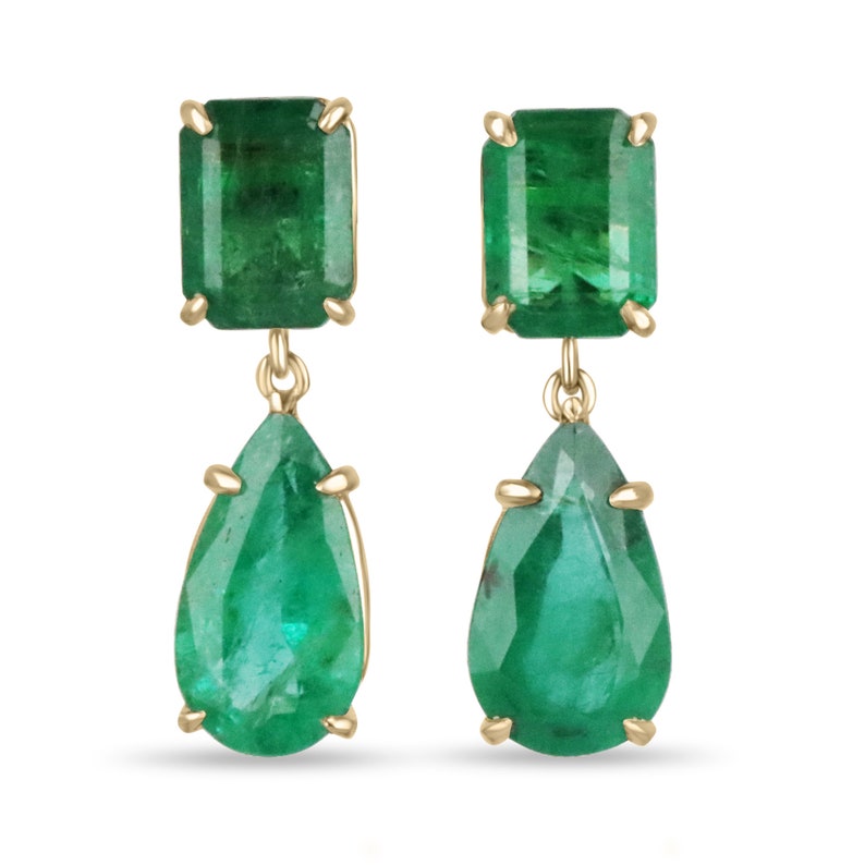 Colombian Emerald dangle earrings featuring dark vivid green pear-cut emeralds and 18K gold settings.