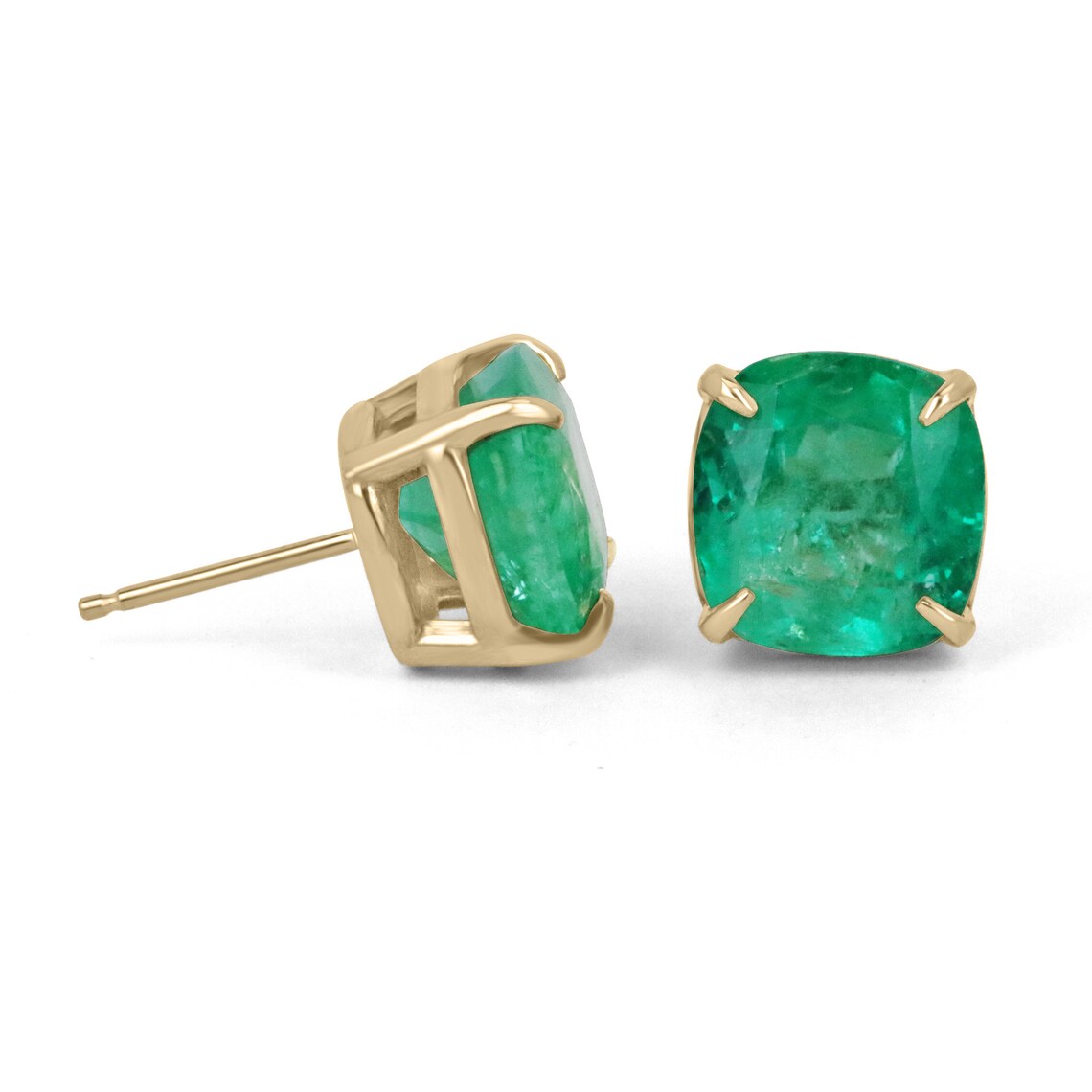 Colombian Emerald earrings with 11.80 carats AAA cushion cut emeralds in 18K gold with four-claw prong settings.