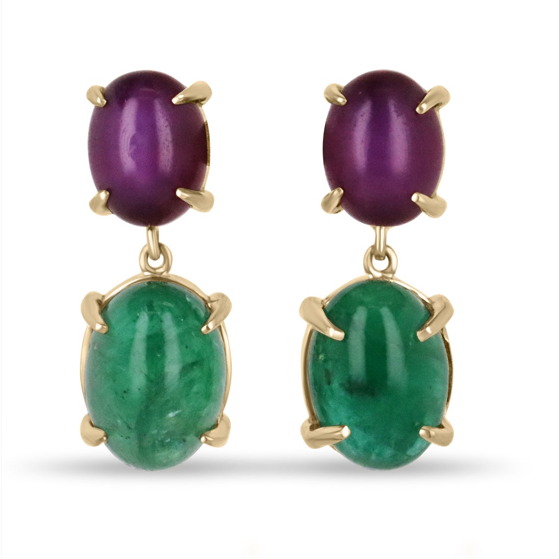 Natural emerald and ruby dangle earrings with 13.82 carats in 18K gold, featuring cabochon emeralds and star-shaped rubies.