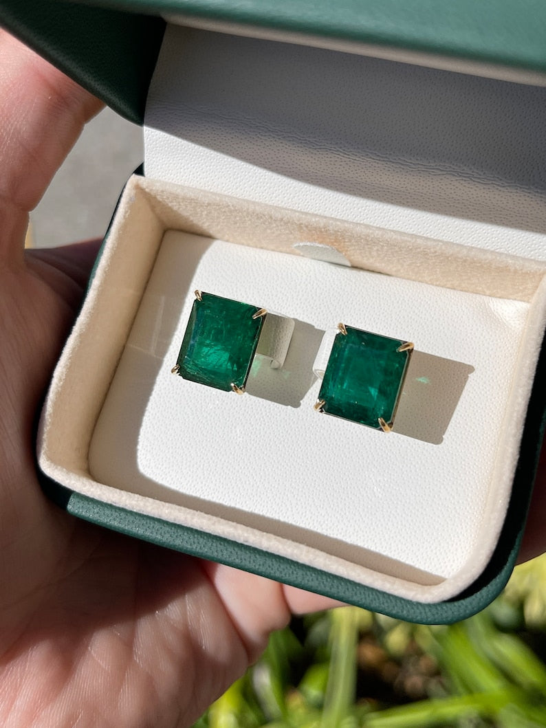 18K gold earrings with large AAA emerald studs, featuring a statement heirloom design from Colombian Emerald.