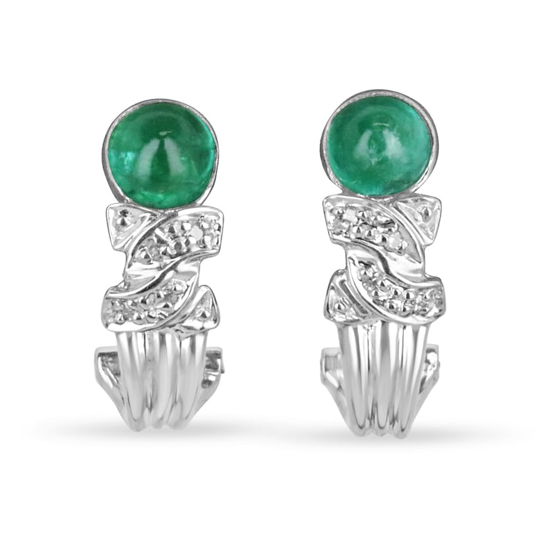 Colombian Emerald 14K gold omega hook drop earrings with 2.01tcw emerald cabochon and diamond accents, elegant jewelry.