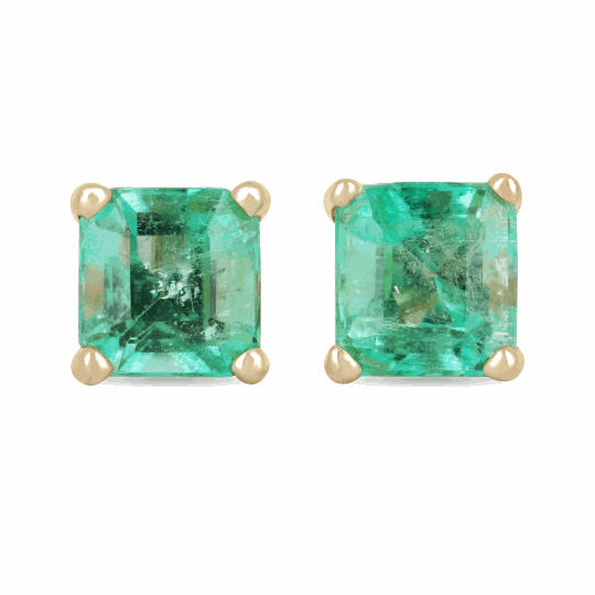 Colombian Emerald 2.05tcw Asscher cut emerald screw back stud earrings in 14K gold, featuring square-shaped green gemstone with secure backs.