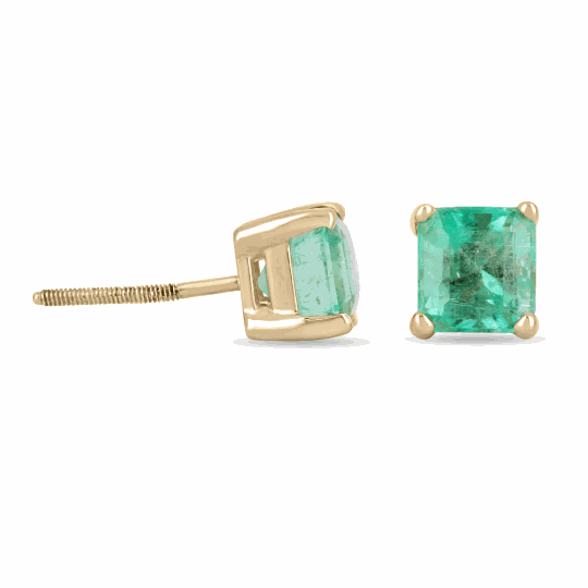 Colombian Emerald 2.05tcw Asscher cut screw back stud earrings in 14K gold, featuring emerald gemstones with a sleek, square shape.