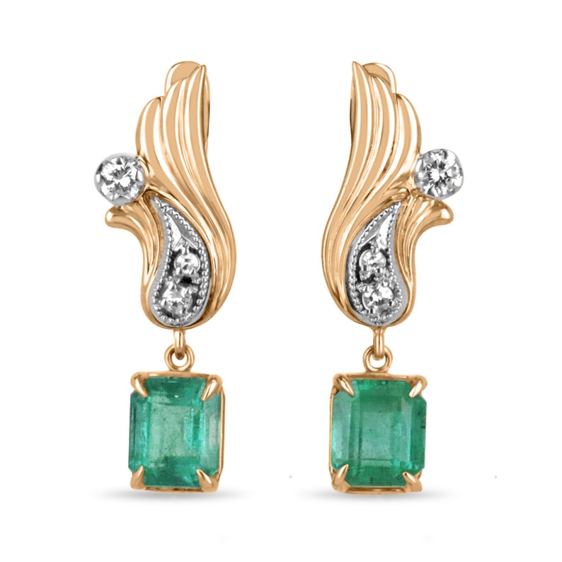 Vintage-inspired 14K pink rose gold earrings with 2.74tcw dark green emeralds and diamonds, dangle style, Colombian Emerald brand.