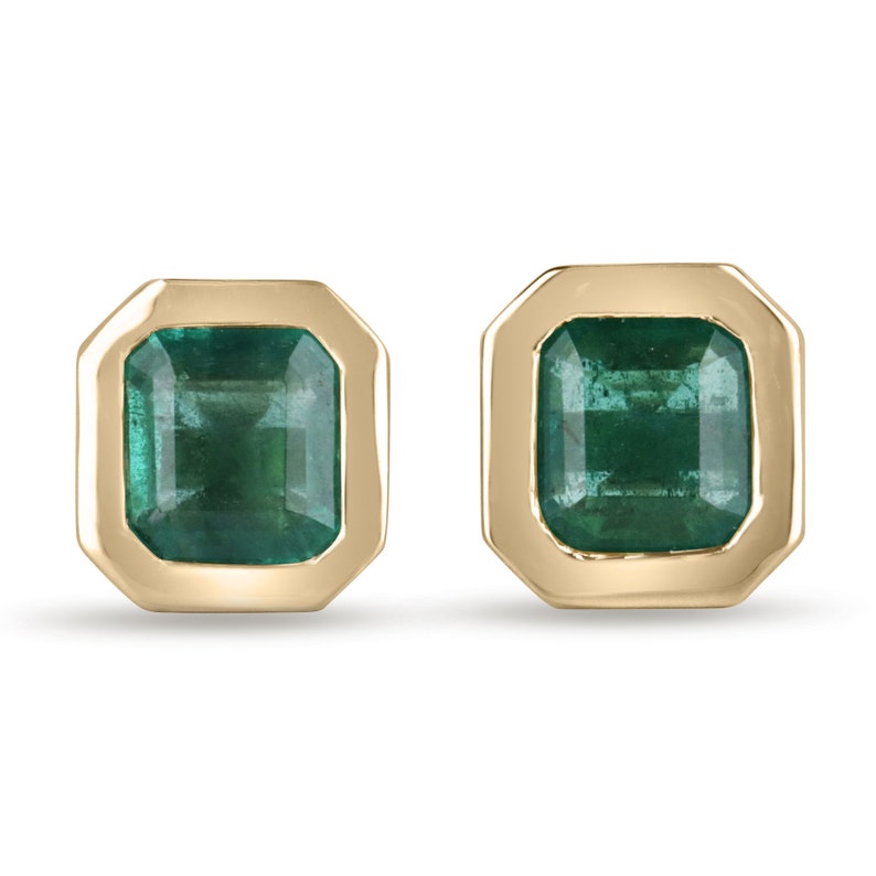 Colombian Emerald 14K yellow gold bezel stud earrings featuring dark vivid green top emeralds.