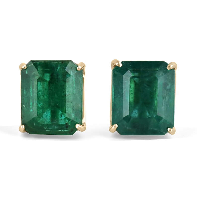 Natural large emerald stud earrings with four-claw prongs in 18K gold, fine quality Colombian emerald jewelry.