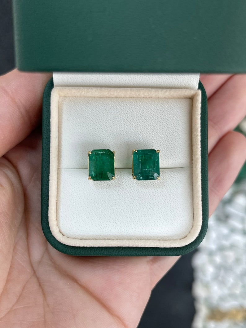 Natural large emerald stud earrings with four-prong setting, 18K gold, from Colombian Emerald, fine-quality and rare design.