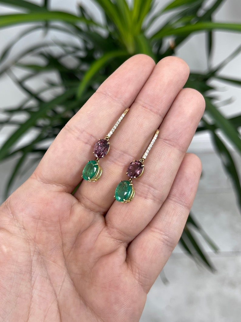 Colombian Emerald earrings with 6.68tcw vivid green emerald spinel and pave diamond accents, drop dangle hook earrings.