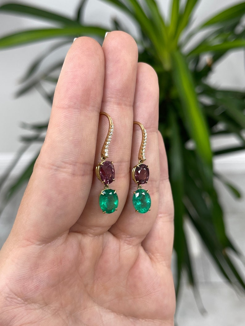 Luxurious 18K green emerald spinel dangle earrings with pave diamond accents, featuring hook drop design from Colombian Emerald.