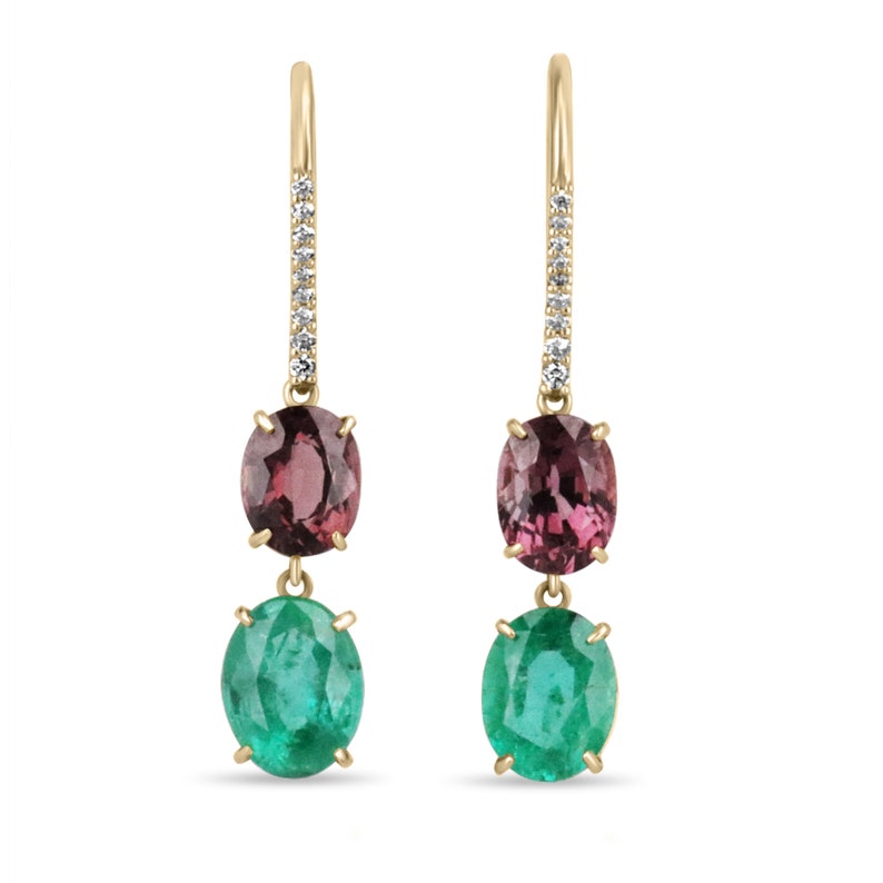 Colombian Emerald earrings featuring 6.68tcw vibrant green emerald spinel with pave diamond accents and dangle hook design