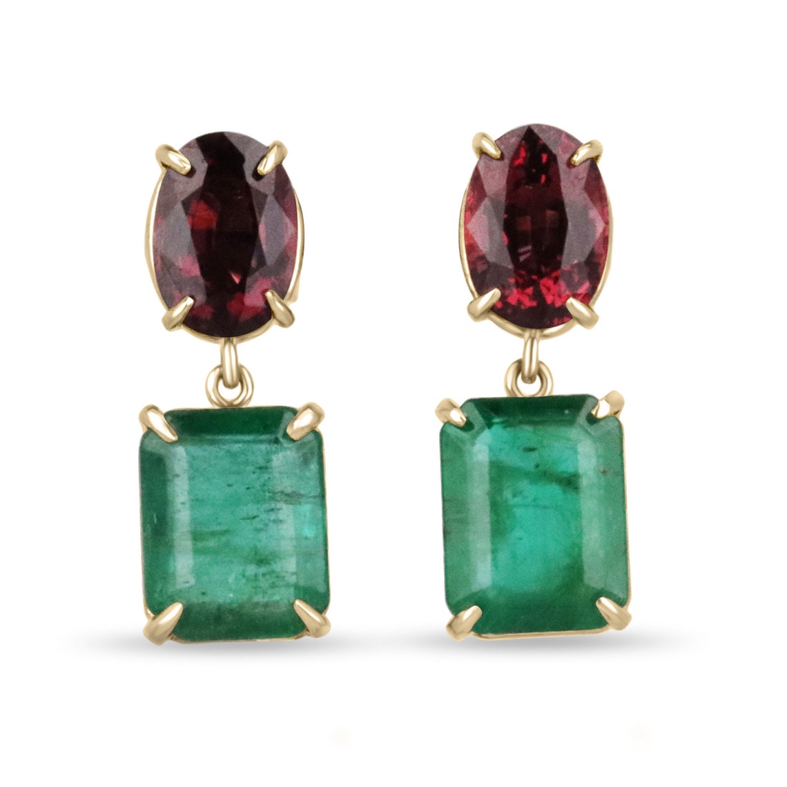 14K gold dangle earrings with natural emerald and oval cut spinel gemstones, Colombian Emerald brand, elegant jewelry accessory