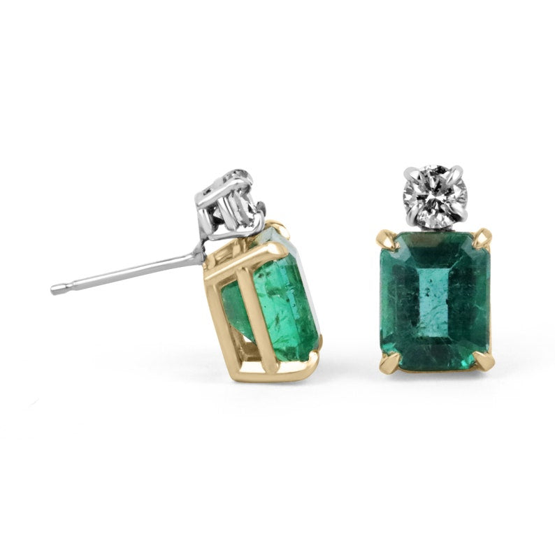 Colombian Emerald 18K two-tone earrings with vivid sea-green natural emerald-cut and round diamonds, elegant jewelry design