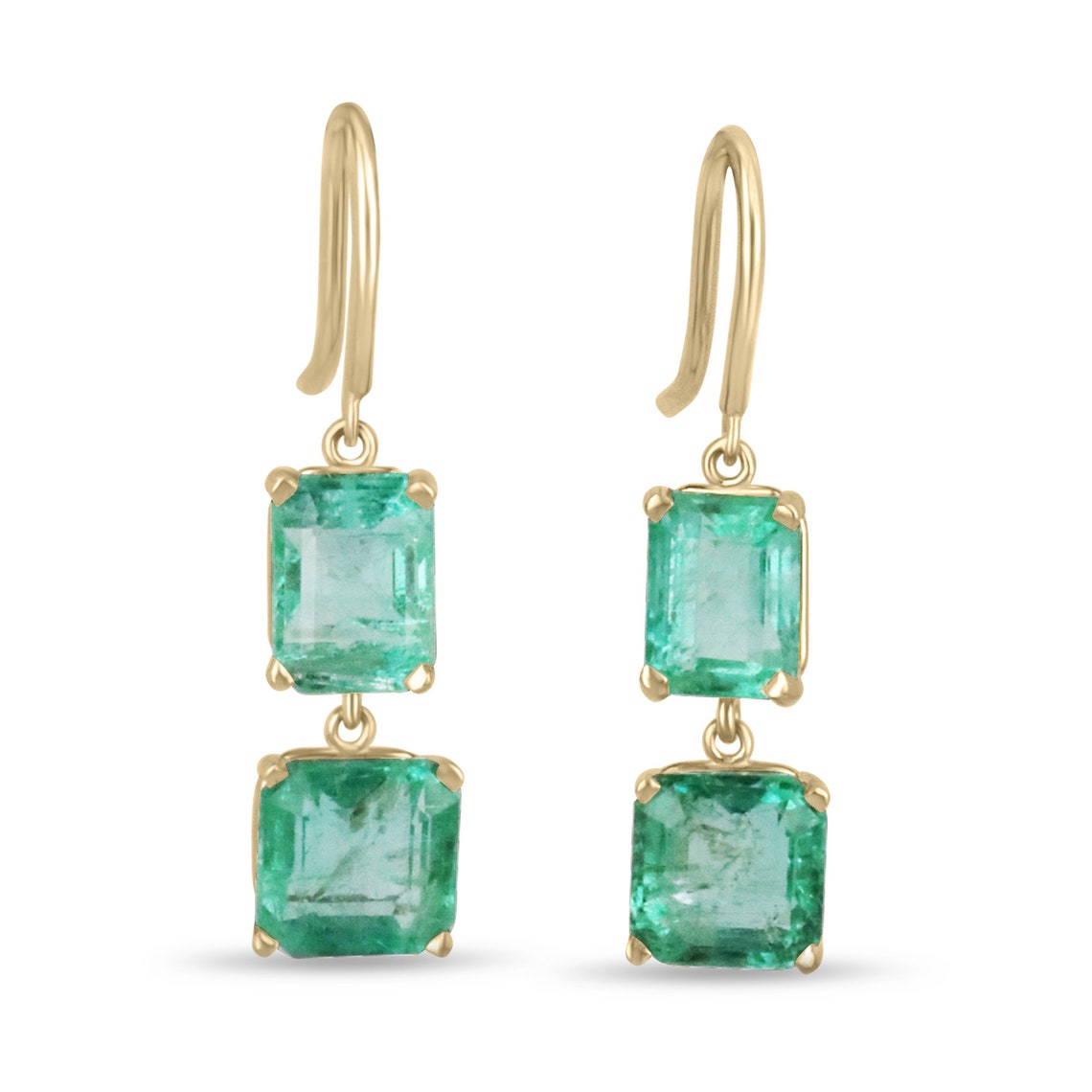 Colombian Emerald 14K gold earrings with Asscher cut natural emerald dangles and hook wire design, showcasing elegant jewelry craftsmanship.