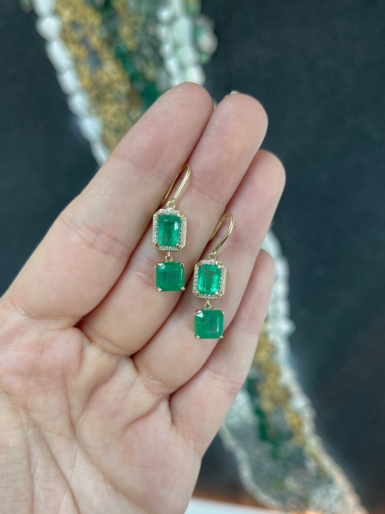 14K natural emerald and diamond halo dangle earrings with Colombian emeralds and elegant drop design