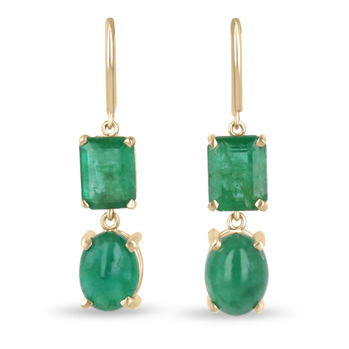 Colombian Emerald 8.45tcw forest green emerald cut and cabochon dangle drop earrings in 14K gold, showcasing elegant gemstone details.