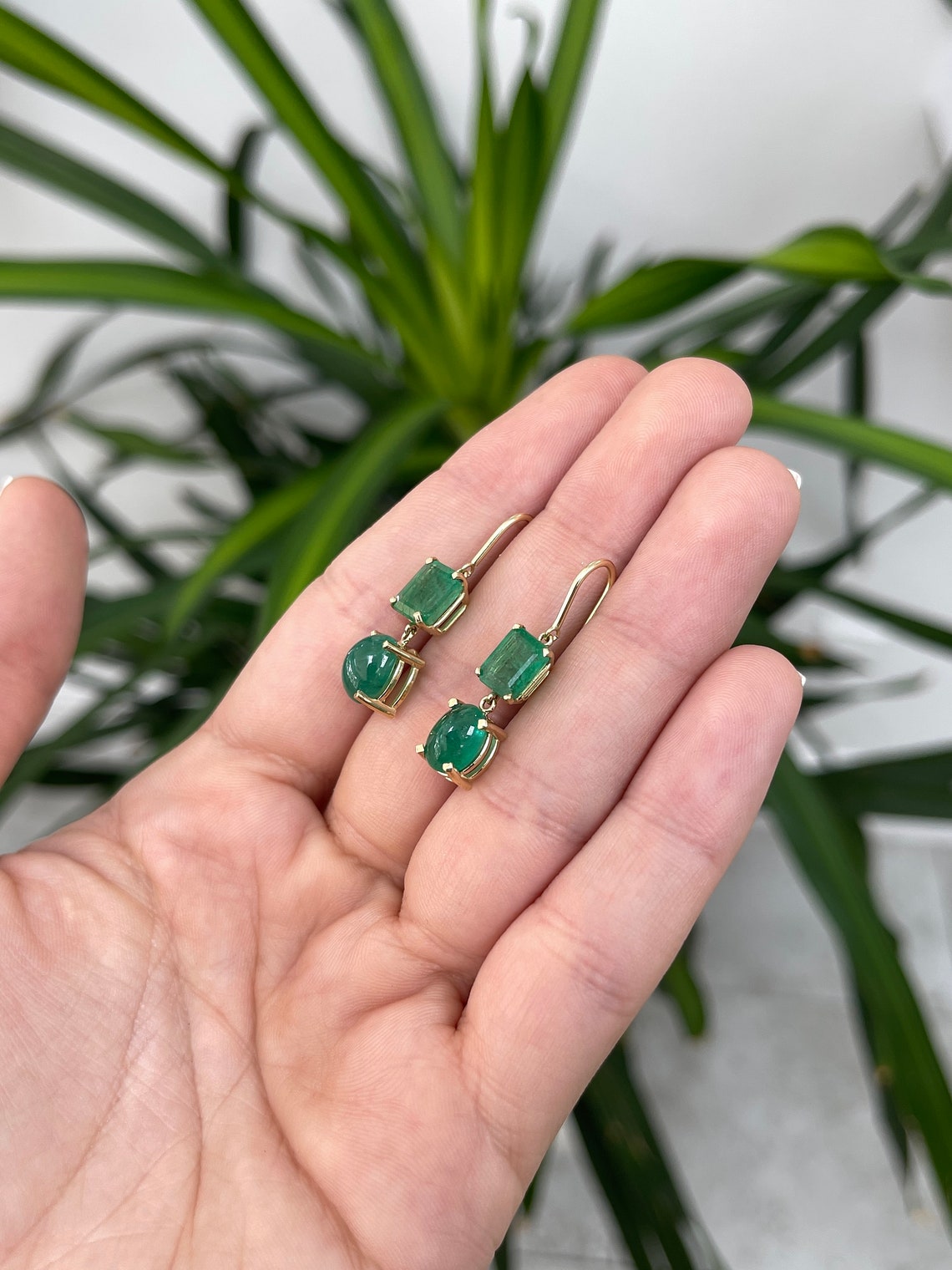 Colombian Emerald earrings with forest green emerald cut and cabochon dangles, 14K gold jewelry with 8.45tcw of emeralds.