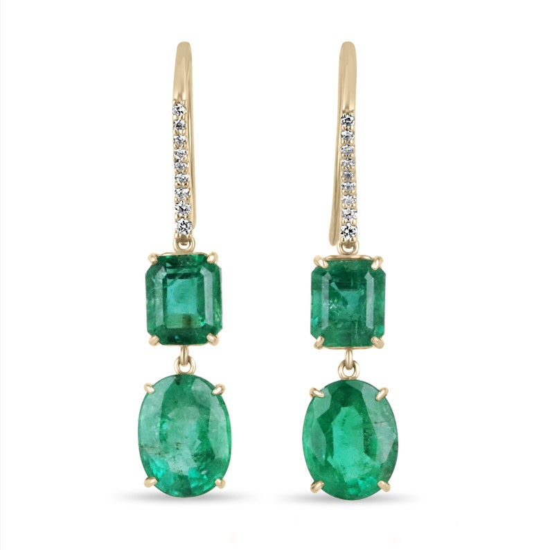 Dark emerald and diamond accent dangle earrings featuring 9.49tcw in 18K gold by Colombian Emerald.
