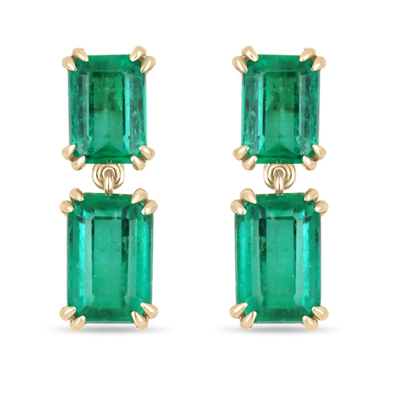 Vivid green Colombian Emerald dangle earrings with 18K yellow gold, featuring AAA+ 8.93tcw emeralds and intricate gold detailing.