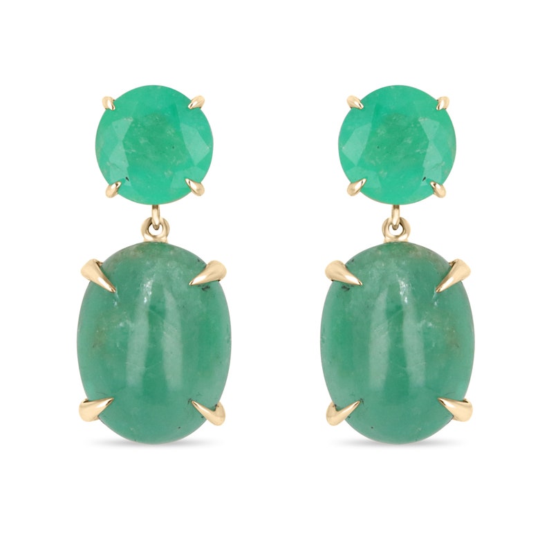 Colombian Emerald earrings with round and oval cut emeralds, yellow gold dangle earrings featuring 16.82tcw of vibrant stones