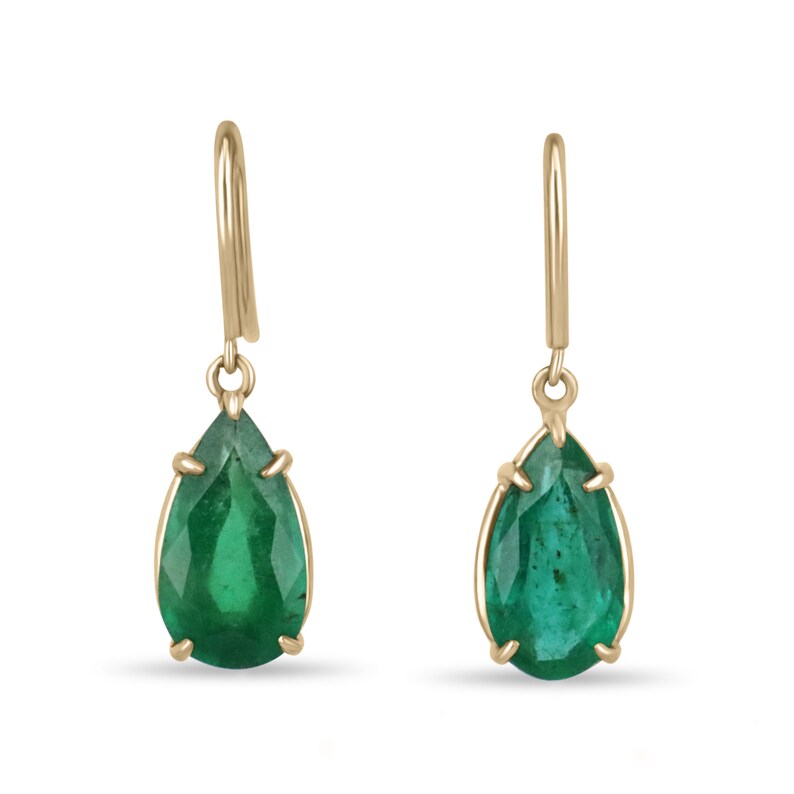 Colombian Emerald earrings with 5.0tcw dark green teardrop emerald dangles and gold hook setting, showcasing elegant jewelry design.