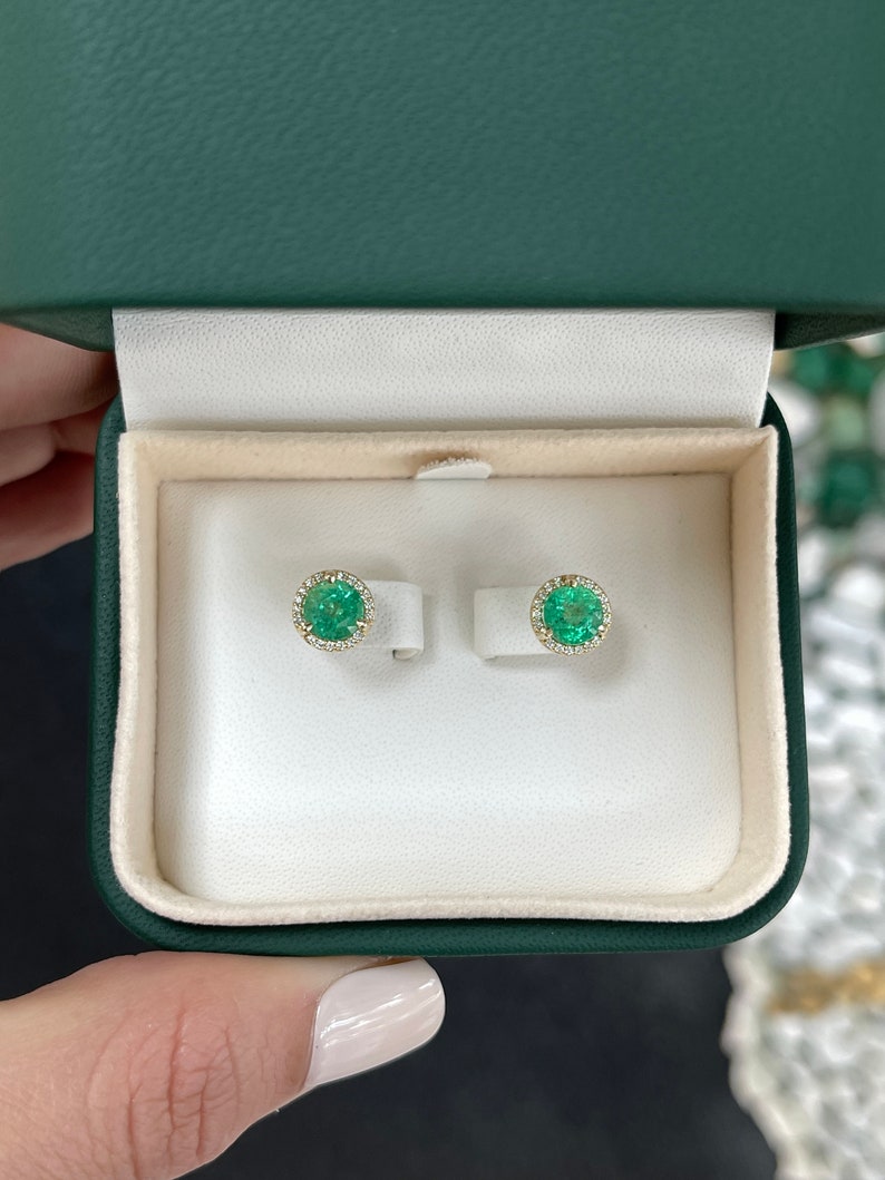14K gold emerald and diamond halo stud earrings, 8.5mm round shape, Colombian Emerald brand, sparkling jewelry for elegant style