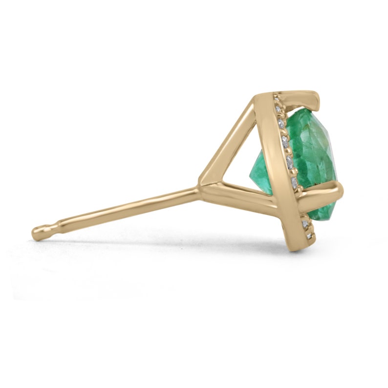 14K gold round emerald and diamond halo stud earrings, 8.5mm size, featuring vibrant green emeralds and sparkling diamonds.