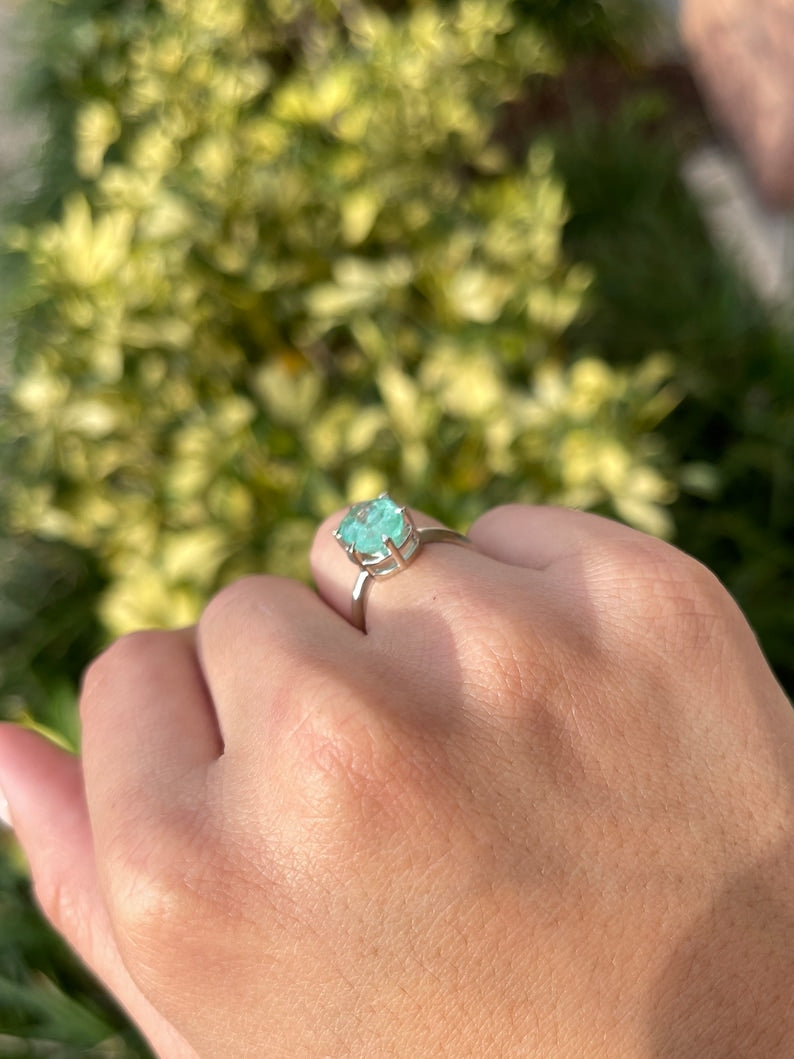 14K white gold emerald engagement ring with 3.55ct oval cut Colombian emerald and 6-prong solitaire setting