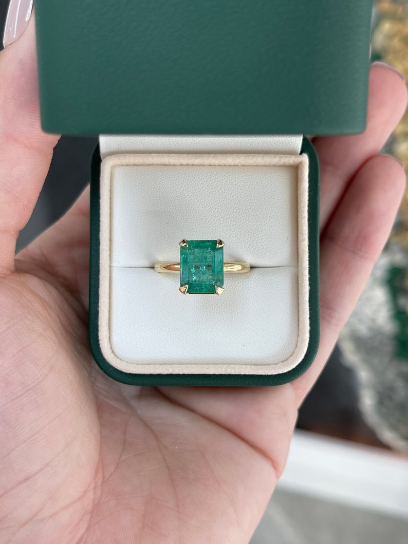 Emerald engagement ring with 4.10 carat natural emerald cut diamond, yellow gold, four-prong half-bezel setting, Colombian Emerald.