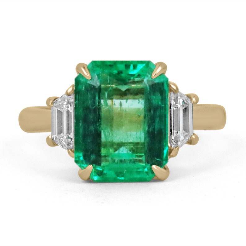 4.80tcw 18K 3 Stone Colombian Emerald Diamond Engagement Ring Luxury