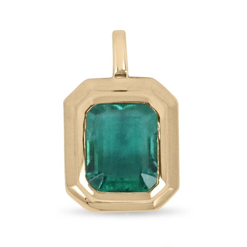 2.65cts 14K Deep Sea Green Unisex Emerald Double Bezel Set Gold Pendan