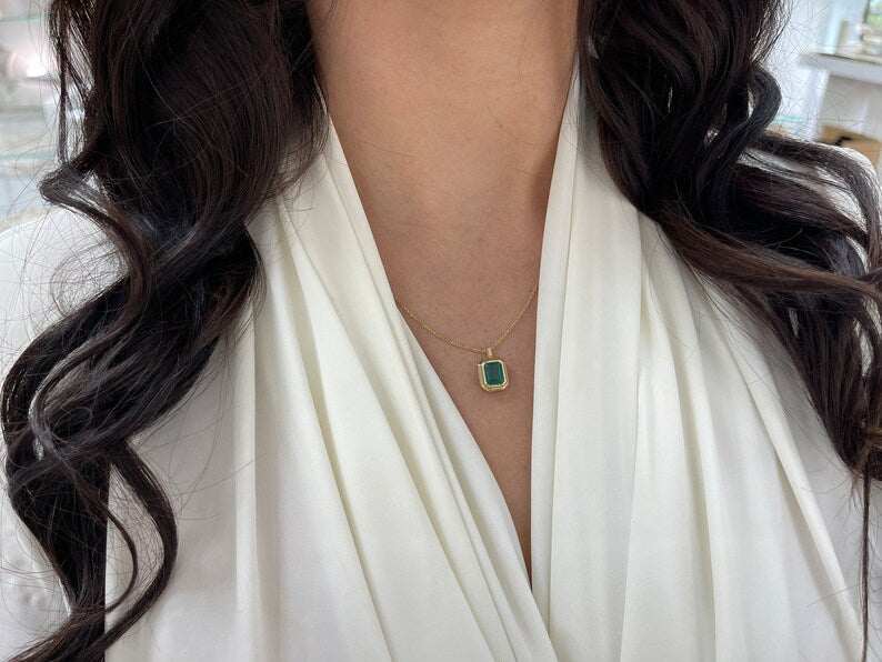 2.65cts 14K Deep Sea Green Unisex Emerald Double Bezel Set Gold Pendan