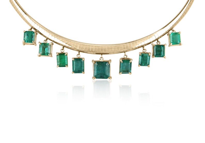 Colombian Emerald 21.55tcw 14K gold omega chain necklace with dark green multi-emerald stones, statement jewelry for women.